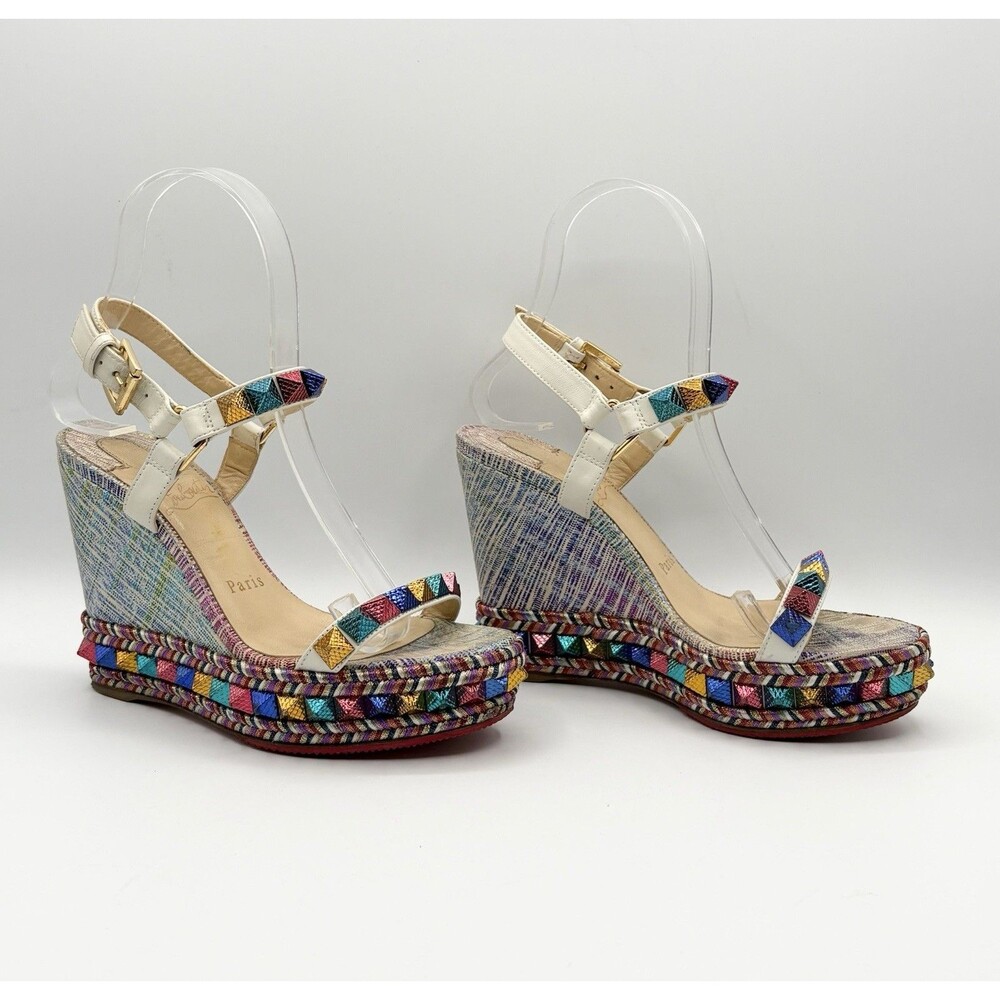 Christian Louboutin Multicolor Rainbow Leather Cataclou Espadrille Wedges EU 35 - Picture 4 of 11